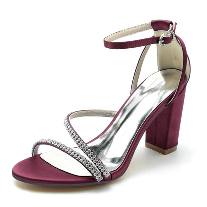 Damen Seidensatin mit Peep Toe Knöchelriemen Strasssteine Blockabsatz Abendschuhe