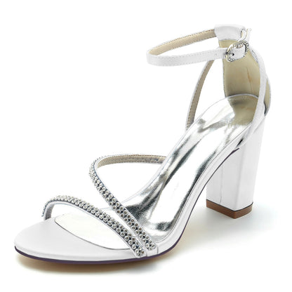 Damen Seidensatin mit Peep Toe Knöchelriemen Strasssteine Blockabsatz Abendschuhe