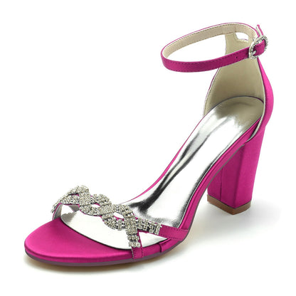 Damen Seidensatin mit Knöchelriemen Blockabsatz Strass Peep Toe Hochzeitsschuhe