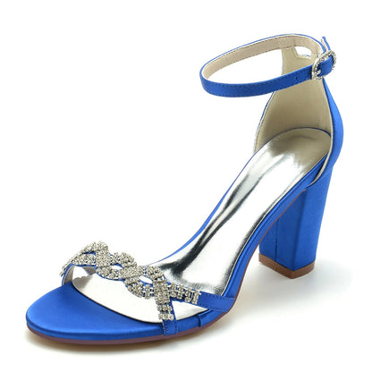 Damen Seidensatin mit Knöchelriemen Blockabsatz Strass Peep Toe Hochzeitsschuhe