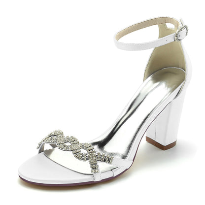 Damen Seidensatin mit Knöchelriemen Blockabsatz Strass Peep Toe Hochzeitsschuhe