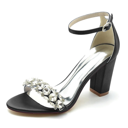 Damen Seidensatin mit Strass Knöchelriemen Peep Toe Blockabsatz Partyschuhe
