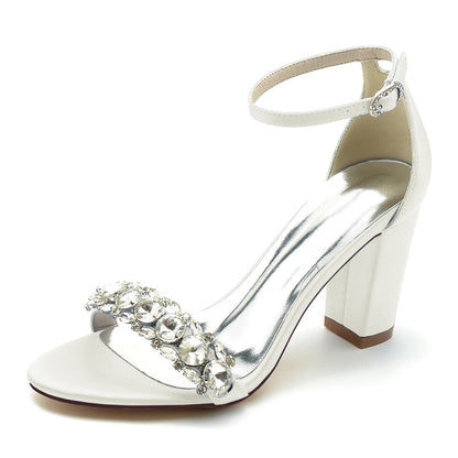 Damen Seidensatin mit Strass Knöchelriemen Peep Toe Blockabsatz Partyschuhe