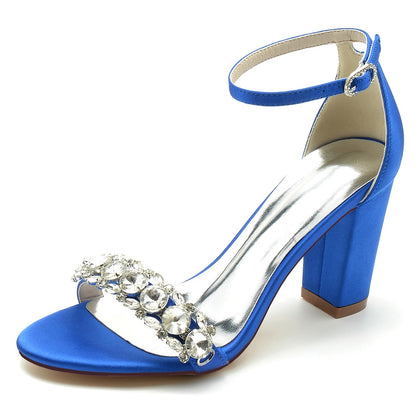 Damen Seidensatin mit Strass Knöchelriemen Peep Toe Blockabsatz Partyschuhe