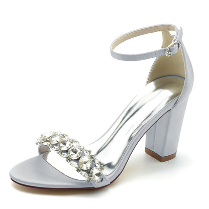 Damen Seidensatin mit Strass Knöchelriemen Peep Toe Blockabsatz Partyschuhe