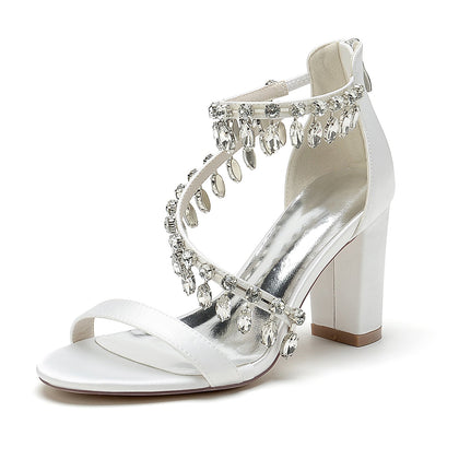 Damen Seidensatin mit Knöchelriemen Strass Quaste Peep Toe Blockabsatz Abendschuhe
