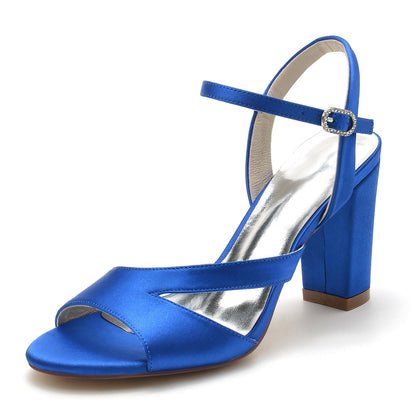 Damen Seidensatin mit Peep Toe Knöchelriemen Blockabsatz Hochzeitsschuhe
