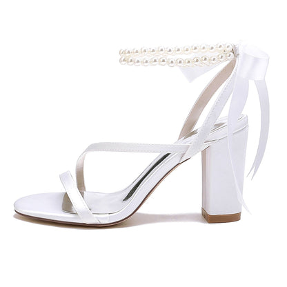 Damen Seidensatin mit Knöchelriemen Schnürung Perlen Peep Toe Blockabsatz Hochzeitsschuhe