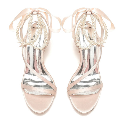 Damen Seidensatin mit Knöchelriemen Schnürung Perlen Peep Toe Blockabsatz Hochzeitsschuhe