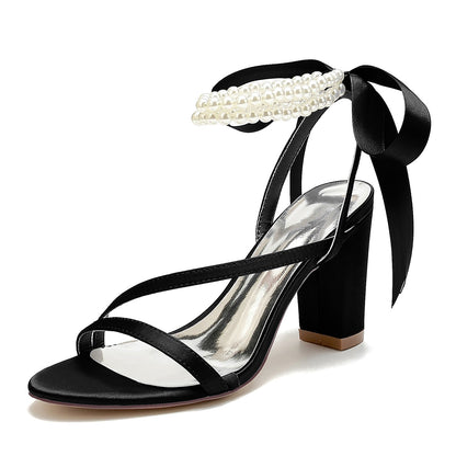 Damen Seidensatin mit Knöchelriemen Schnürung Perlen Peep Toe Blockabsatz Hochzeitsschuhe