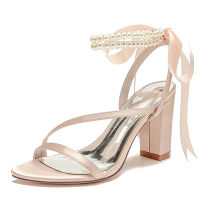 Damen Seidensatin mit Knöchelriemen Schnürung Perlen Peep Toe Blockabsatz Hochzeitsschuhe