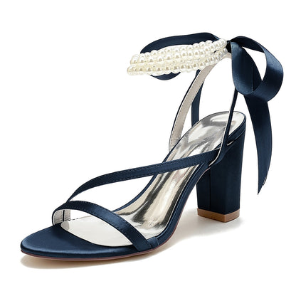 Damen Seidensatin mit Knöchelriemen Schnürung Perlen Peep Toe Blockabsatz Hochzeitsschuhe