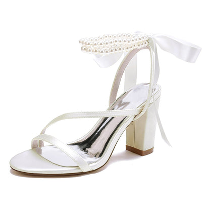 Damen Seidensatin mit Knöchelriemen Schnürung Perlen Peep Toe Blockabsatz Hochzeitsschuhe