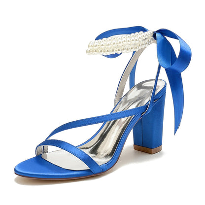 Damen Seidensatin mit Knöchelriemen Schnürung Perlen Peep Toe Blockabsatz Hochzeitsschuhe