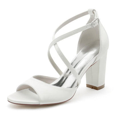 Damen Seidensatin Blockabsatz Mit Peep Toe Knöchelriemen Hochzeitsschuhe