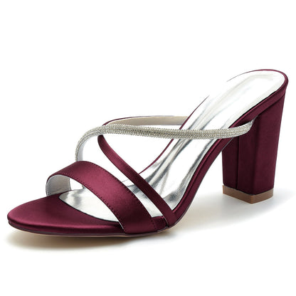 Damen Seidensatin mit Strass Peep Toe Blockabsatz Partyschuhe