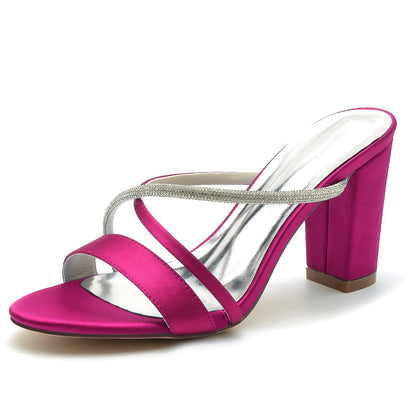Damen Seidensatin mit Strass Peep Toe Blockabsatz Partyschuhe