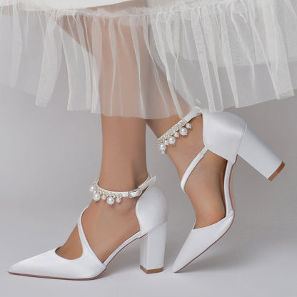 Damen Seidensatin mit Knöchelriemen Perlenquaste Geschlossene Zehenpartie Blockabsatz Partyschuhe