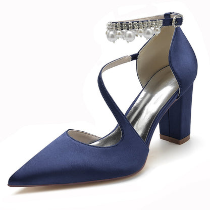 Damen Seidensatin mit Knöchelriemen Perlenquaste Geschlossene Zehenpartie Blockabsatz Partyschuhe