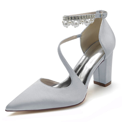 Damen Seidensatin mit Knöchelriemen Perlenquaste Geschlossene Zehenpartie Blockabsatz Partyschuhe