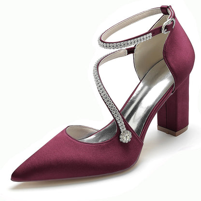 Damen Seidensatin mit Knöchelriemen Strass Blockabsatz Geschlossene Zehen Hochzeitsschuhe