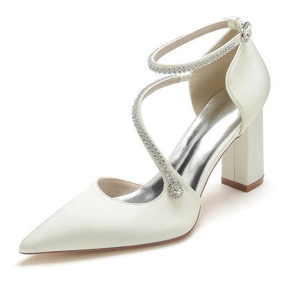 Damen Seidensatin mit Knöchelriemen Strass Blockabsatz Geschlossene Zehen Hochzeitsschuhe