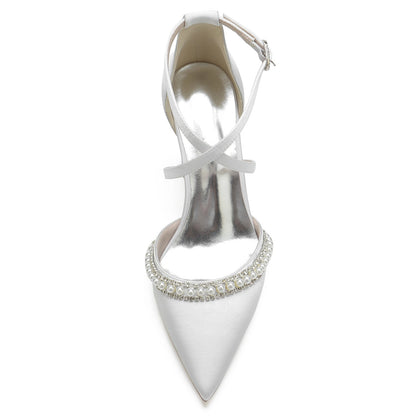Damen Seidensatin mit Knöchelriemen Perle Strass Geschlossene Zehenpartie Blockabsatz Hochzeitsschuhe