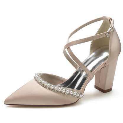 Damen Seidensatin mit Knöchelriemen Perle Strass Geschlossene Zehenpartie Blockabsatz Hochzeitsschuhe