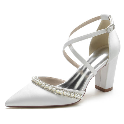 Damen Seidensatin mit Knöchelriemen Perle Strass Geschlossene Zehenpartie Blockabsatz Hochzeitsschuhe