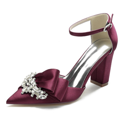 Damen Seidensatin Knöchelriemen Strass Geschlossene Zehenpartie Blockabsatz Partyschuhe