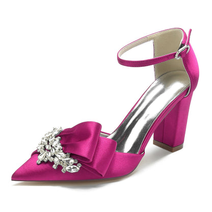 Damen Seidensatin Knöchelriemen Strass Geschlossene Zehenpartie Blockabsatz Partyschuhe