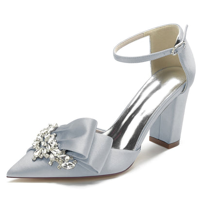Damen Seidensatin Knöchelriemen Strass Geschlossene Zehenpartie Blockabsatz Partyschuhe