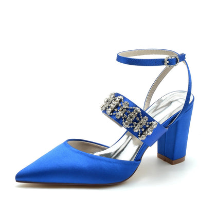 Damen Abendschuhe aus Seide mit Knöchelriemen und Satin und Strasssteinen, geschlossene Zehenpartie, klobiger Absatz