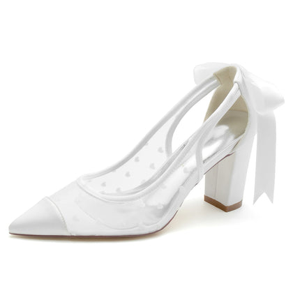 Damen-Partyschuhe aus Seidensatinnetz mit Spitze, Schnürung, geschlossene Zehenpartie, klobiger Absatz
