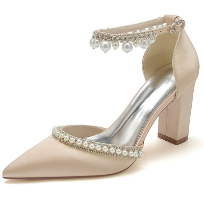 Damen Seidensatin mit Knöchelriemen Perlen Strass Quaste Geschlossene Zehenpartie Blockabsatz Abendschuhe