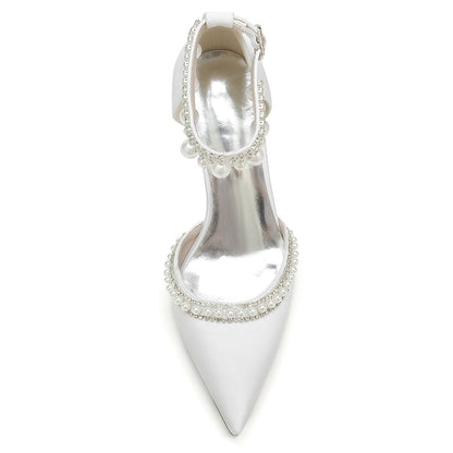 Damen Seidensatin mit Knöchelriemen Perlen Strass Quaste Geschlossene Zehenpartie Blockabsatz Abendschuhe