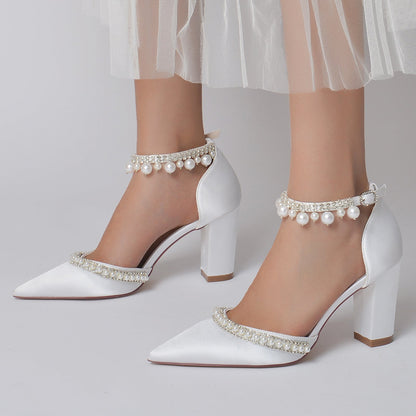 Damen Seidensatin mit Knöchelriemen Perlen Strass Quaste Geschlossene Zehenpartie Blockabsatz Abendschuhe