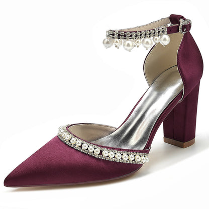 Damen Seidensatin mit Knöchelriemen Perlen Strass Quaste Geschlossene Zehenpartie Blockabsatz Abendschuhe