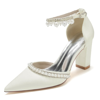 Damen Seidensatin mit Knöchelriemen Perlen Strass Quaste Geschlossene Zehenpartie Blockabsatz Abendschuhe