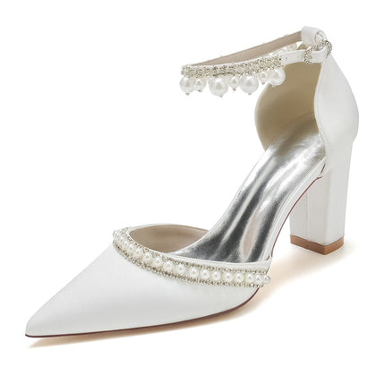 Damen Seidensatin mit Knöchelriemen Perlen Strass Quaste Geschlossene Zehenpartie Blockabsatz Abendschuhe