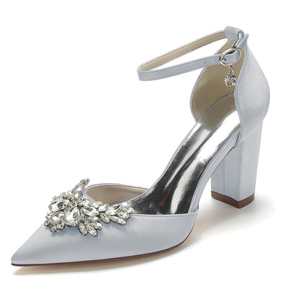 Damen Knöchelriemen Seidensatin mit Strass Geschlossene Zehenpartie Blockabsatz Hochzeitsschuhe