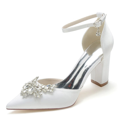 Damen Knöchelriemen Seidensatin mit Strass Geschlossene Zehenpartie Blockabsatz Hochzeitsschuhe
