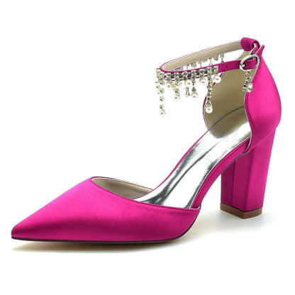 Damen Seidensatin mit Knöchelriemen Perle Strass Quaste Geschlossene Zehenpartie Blockabsatz Hochzeitsschuhe