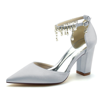 Damen Seidensatin mit Knöchelriemen Perle Strass Quaste Geschlossene Zehenpartie Blockabsatz Hochzeitsschuhe