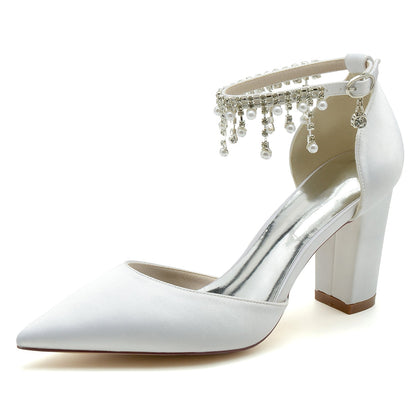 Damen Seidensatin mit Knöchelriemen Perle Strass Quaste Geschlossene Zehenpartie Blockabsatz Hochzeitsschuhe