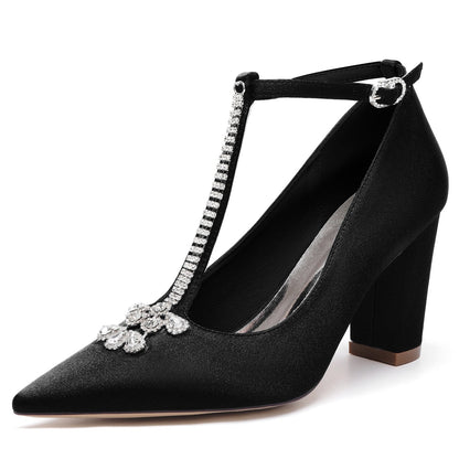 Damen Seidensatin mit Knöchelriemen Strass Geschlossene Zehenpartie Blockabsatz Abendschuhe