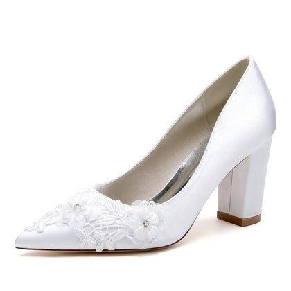 Damen Seidensatin mit Blume Geschlossene Zehe Blockabsatz Hochzeitsschuhe