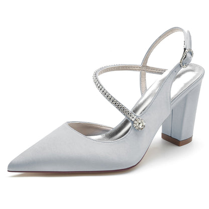 Damen Abendschuhe aus Seidensatin mit Knöchelriemen und Strasssteinen, geschlossene Zehenpartie, klobiger Absatz