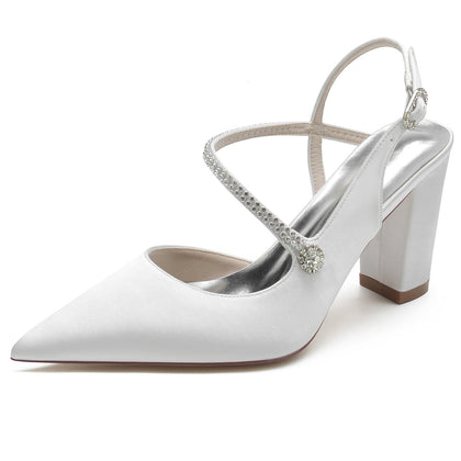 Damen Abendschuhe aus Seidensatin mit Knöchelriemen und Strasssteinen, geschlossene Zehenpartie, klobiger Absatz
