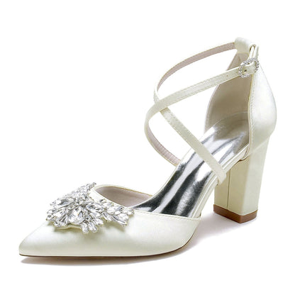 Damen Seidensatin mit Knöchelriemen Strass Geschlossene Zehenpartie Blockabsatz Partyschuhe